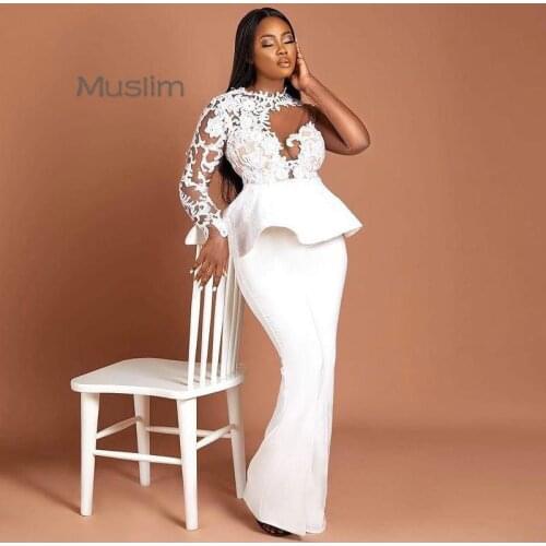 Sexy White Plus Size Prom Dresses Jumpsuit Illusion Long Sleeve Lace Mermaid Evening Gowns African Formal Party Dress Pant Suit