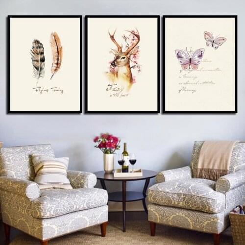 Feather Deer Butterfly Modern Wall Art Picture Minimalist Poster Paintings for Living Room Bedroom B5131