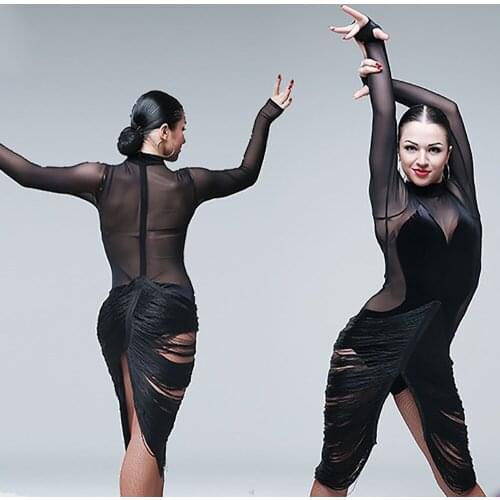 Fantasia Latin Dance Dress For Ladies Black Backless Long Sleeve Dress Comfortable Women Feminine Square Latino Chacha Suits B38