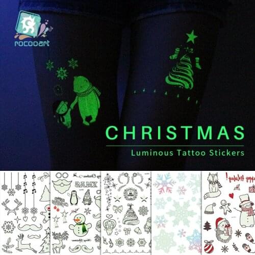 Rocooart Big Size 21x15cm Christmas Holiday Temporary Water Transfer Luminous Glow in the Dark Tattoo Sticker For Kids Female