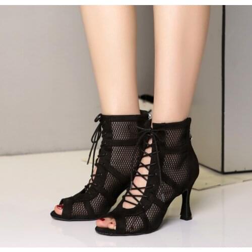 Social Ballroom Women Dance Boots Indoor Sports Shoes Professional Salsa Latin Lace-Up Sandals Net Surface Hollow Out Heels L446