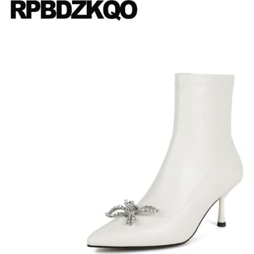 Shoes Stiletto White Wedding Boots High Heel Diamond Bridal Pointed Toe Ankle Luxury Beige Stretch Women Bridesmaid Rhinestone