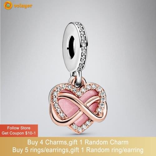 Volayer 925 Sterling Silver Beads Sparkling Infinity Heart Dangle Charms fit Original Pandora Bracelets for Women Jewelry Making