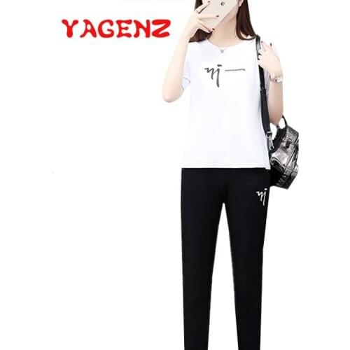 YAGENZ Plus Size Suit Casual Letter Print Two Piece Set Women Summer Tracksuit Women 2 Piece Set Short sleeve Top Long Pants 815