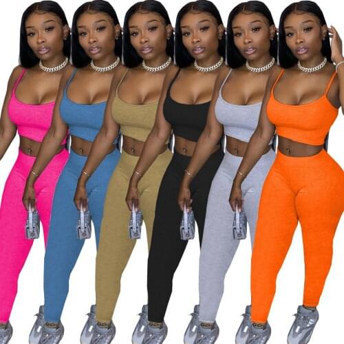 Sports Style Womens Clothing Fashionable Sexy Casual Solid Color Suspenders Vest Tops Trousers Tight Fitting Two Piece Suit