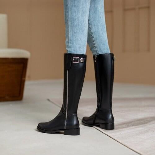 High Quality 2021 New Winter Women Boots Genuine Leather Design Low Heel Long Boot Zipper Decoration Warm Riding Boot