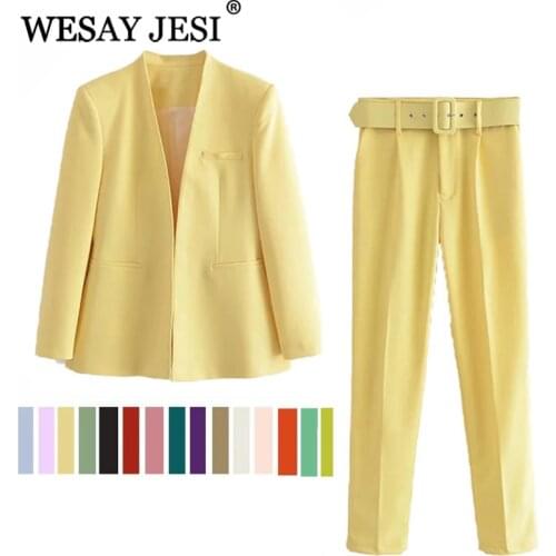 WESAY JESI Womens Office Suit Fashion Blazer Pantsuit Simple Solid Color Suit Collar Long Sleeve + Trousers 2 Piece Set Blazer