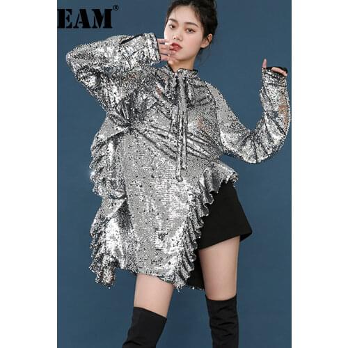 [EAM] Women Sequins Ruffles Irregular Dress New Stand Collar Long Sleeve Loose Fit Fashion Tide Spring Autumn 2021 JK82010M