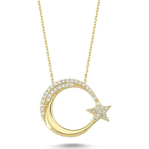 14k (585) Gold Moon and Star Pendant, Necklace