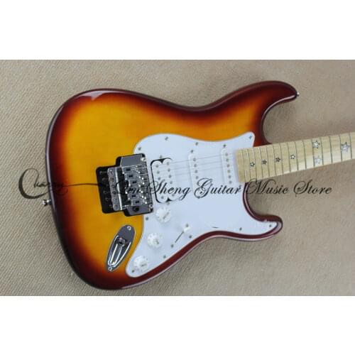 Free shipping custom 6 string cherry sunburst guitar,ssh pickups,tremolo bridge,white pickguard,stars inlay