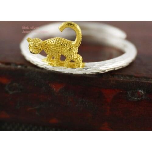 925 Sterling Silver Lovely Golden Walking Leopard Adjustable Knuckle Midi Ring Gift A3282
