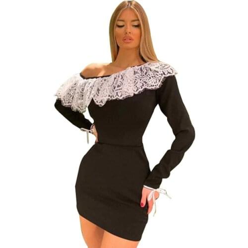White Lace Patchwork Sheath Mini Office Lady French Vintage Long Sleeve Elegant Fashion Sexy Women Dresses Wholesale