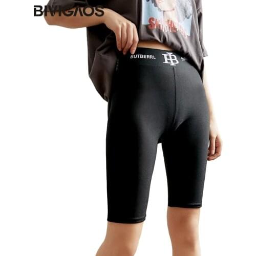 BIVIGAOS New Summer B Letter Stretch High Waist Cycling Shorts Womens Black Biker Shorts Sports Knee Length Slim Casual Short