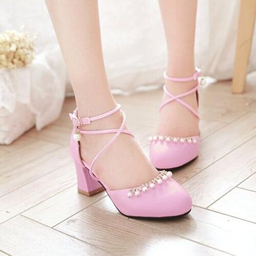 PXELENA 5 Colors Cross-Strap Chunky Block High Heels Sandals Women Beads Shallow Date Party Office Lady Shoes 2018 Summer 34-43