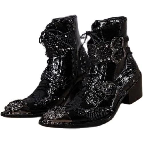 New mens genuine leather career work boots high heels luxury design pointed toe wedding boots men fashion evening party shoes