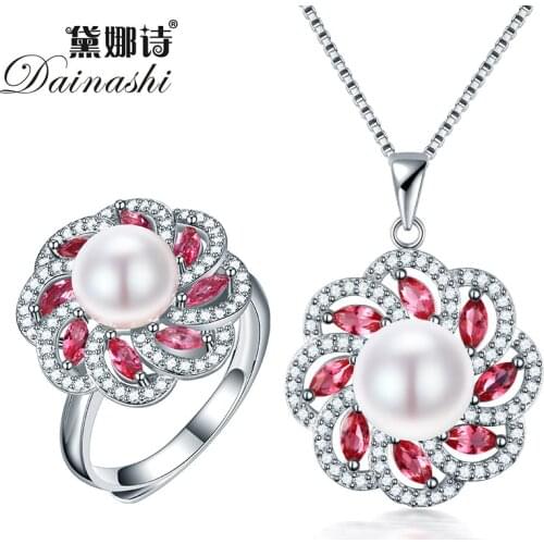 Dainashi 2019 New Pearl Jewelry Set Silver 925 Necklace Rings Fine Jewelry Sets Real Freshwater Pearl Pendants for Women Girls