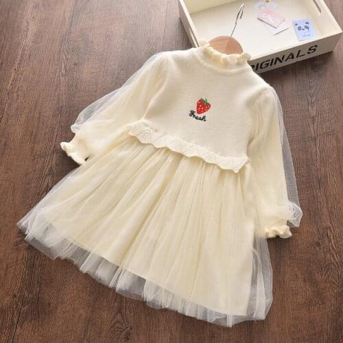 Children Autumn Girls Princess Dress New Fashion Girl Kids Stawberry Embroidery Dresses Mesh Sweet Party Suits 1 5Y