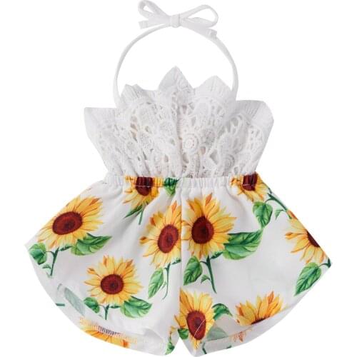 FOCUSNORM Newborn Baby Girls Rompers Sunflower Print Sleeveless Lace Hollow Out Jumpsuit for Summer 0-24M