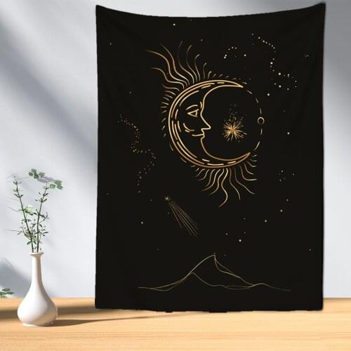 Black Gold Sun Moon Mandala Tapestry Wall Hanging Celestial Wall Tapestry Hippie Tarot Carpets Dorm Decor Psychedelic Tapestry