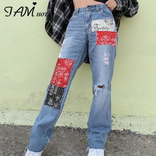 Harajuku Baggy Patchwork Ripped Straight Jeans Women y2k Vintage Baggy High Waist Mom Denim Trousers Streetwear Pants Iamhotty