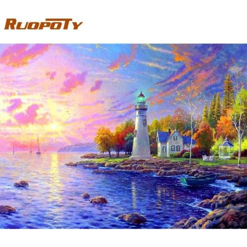 RUOPOTY Painting By Numbers Kits For Adults Lighthouse Beside River Landscape Framed Diy Oil Paints On Canvas Art Craft Wall Pic