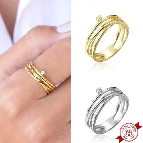 1PC Plated 24K Gold / 925 Silver Multilayer Cross Rings for Women Geometry Twist Hollow Out Crystal Finger Rings Jewelry