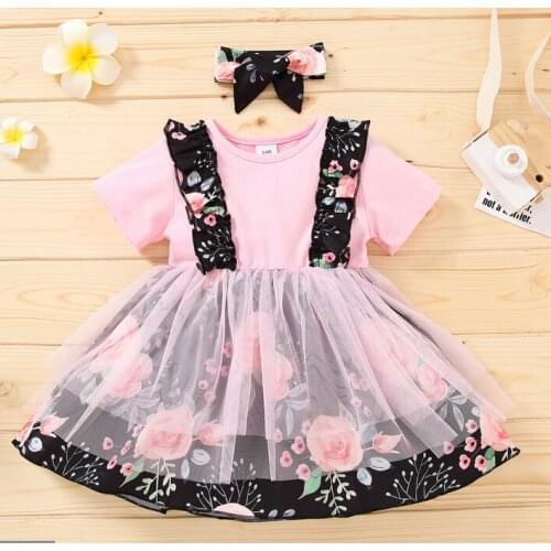 Infant Baby Girls Two Piece Set, Babys Short Sleeves Round Neck Dress Cartoon Printed Skirt Hair Band For Children New 2021