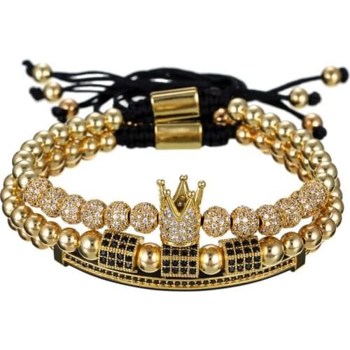 Healing bangle 3 pcs charm crown crystal ball cz zircon double moon & hexagon copper beads beaded bracelet adjustable for woman