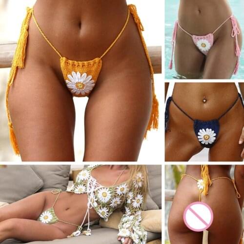 New Arrival Handmade Crochet Flower Micro Bikini G Thong String Beach Micro Swimwear Sexy Lingerie Sets 2019