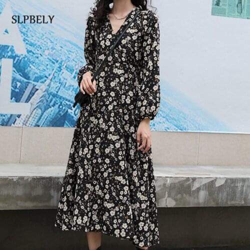SLPBELY Summer Floral Dress Women French Sexy Black Dress V-Neck Long Sleeve Dress Chic Holiday Dress Trendy Vestido Sundress