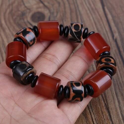 Flat coin cylinder natural dark red brown black onyx semi precious stone bead tibetan buddhism beads bracelet for man