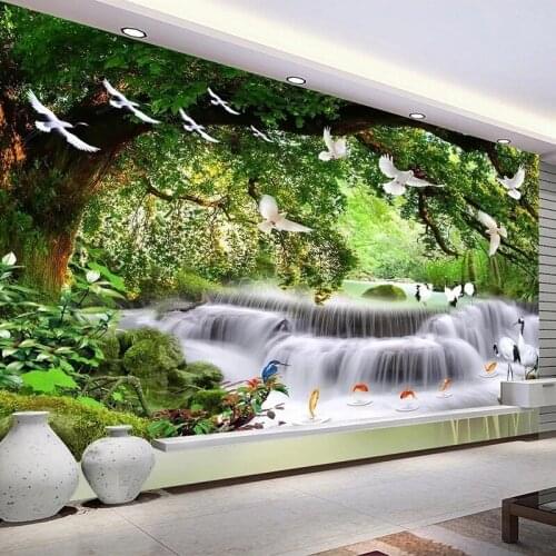 Custom Natural Landscape 3D Wallpaper Green Forest Waterfall Birds Large Mural Living Room Bedroom Background Decor Waterproof