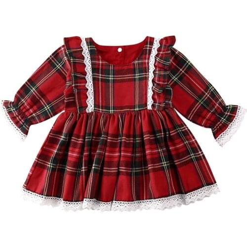 Christmas Toddler Infant Baby Girl Dress Xmas Clothes Long Sleeve Ruffles Lace Plaid Print A-Line Dress