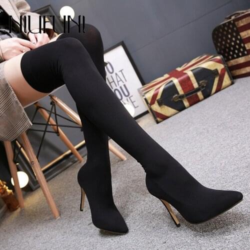 NIUFUNI Elastic Fabric Solid Color Womens Over The Knee Sock Boots Stiletto High Heels Knitting Pointed Toe Slim Botas Mujer