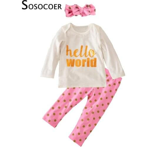 SOSOCOER Girl Clothing Sets New Autumn 3pcs Baby Clothes Long Sleeve Letter T Shirts+Polka Dot Pants+Headband Girls Clothing Set