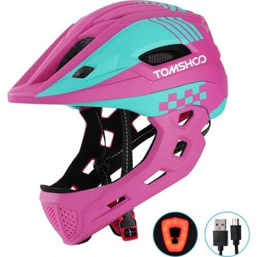 TOMSHOO Kid Bike Full Face Helmet Children Safety Riding Skateboard Helmet Sports Head Guard with Tail Light and Detachable Chin