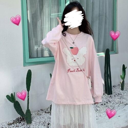 Japanese Girl Cartoon White Peach Fairy Fairy Pink / Black Spring Long-sleeved T-shirt Thin Section Sweet Girl Style T-shirt
