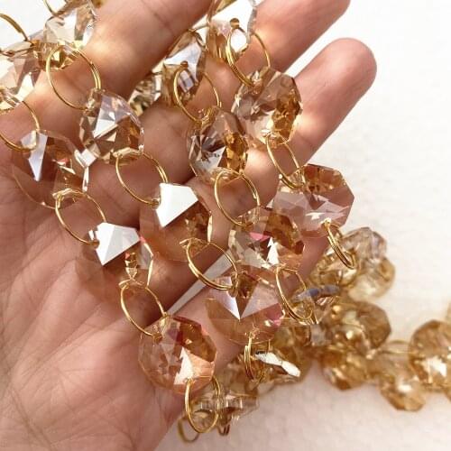 14mm 1m/5m/50m Gold Champagne Octagon Beads With Gold/Silver Metal Rings Glass Garland Strand Chains