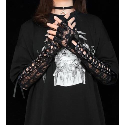 Japanese Lolita lace long punk sleeve gothic grunge dark girl cos ribbon lace-up bandage arm warmers gloves