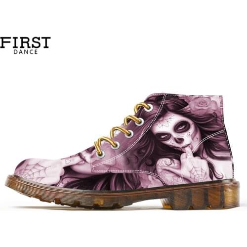 First Dance Fashion Witch Skull Shoes For Woman Lace-Up Black Ankle Booties For Women Coolest Ladies Fashion Nice Print Boots