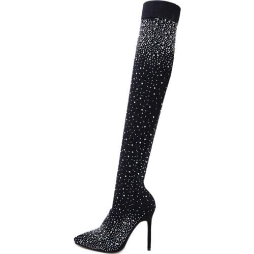 Boots women Socks Knee high boots high heel womens rhinestone pointed toe knee boots women thigh high boots