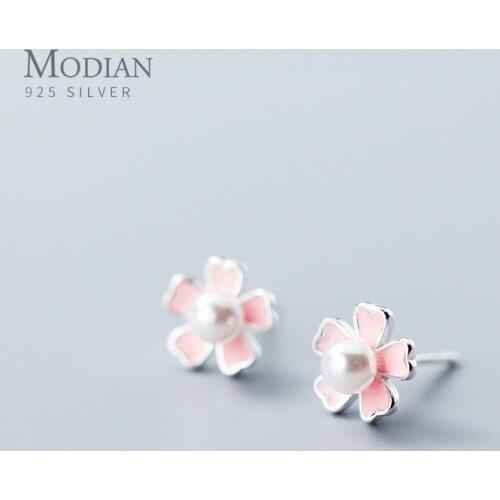 Modian Charm Pink Enamel Plant Silver Stud Earrings 925 Sterling Silver Pearl Jewelry Cute Hypoallergenic Female Gift Brincos