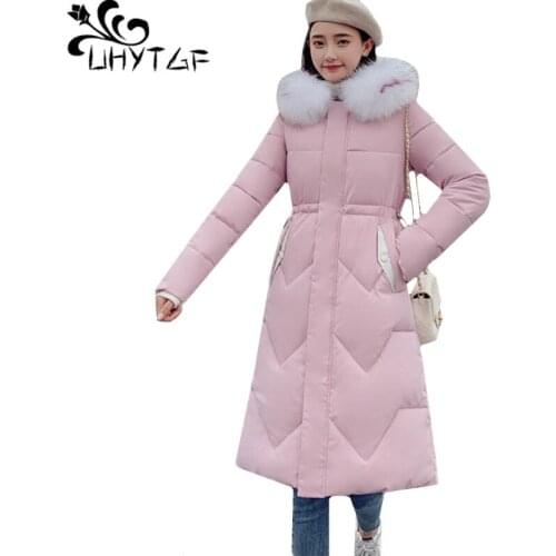 UHYTGF Parker women Fur collar hooded winter down jacket windproof warm coats Thick snow plus size Down cotton winter jacket 271