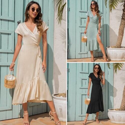 Womans Elegant V-Neck Sexy Slim Irregular Dress 2021 Ladies Solid Splice Bandage Short Sleeve Ruffle Black Dress Plus Size 2XL