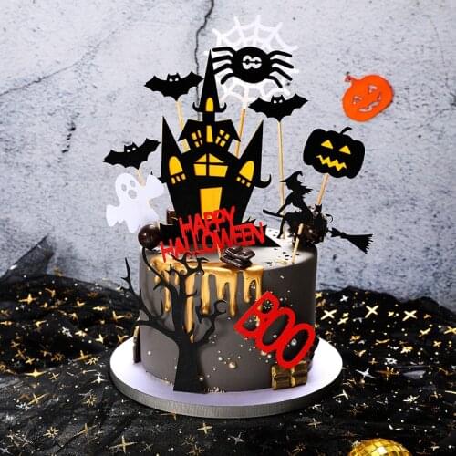 2 Sets Halloween Decoration Cake Topper Pumpkin Bat Spider Witch Ghost Paper Cupcake Topper Party Supplies Cake Decoration Tool