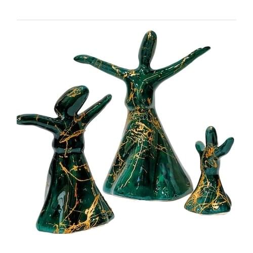 3 Piece Ceramic Whirling Diblo Set-Marble Patterned-Black Emerald green