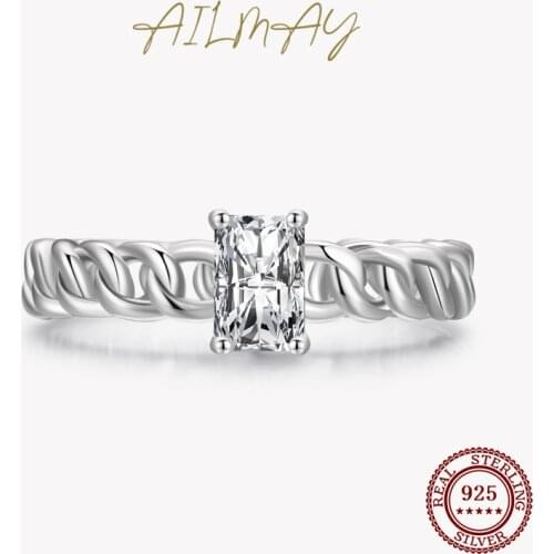 Ailmay Top Quality Real 925 Sterling Silver Classic Rectangle Shining Zircon Braided Texture Ring For Women Girls Party Jewelry