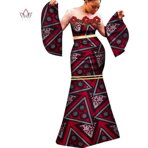 Bintarealwax Fashion African Womens Dress Dashiki Sexy Ankara Dress for Party White Organza Clothing Slim Long Dress WY283
