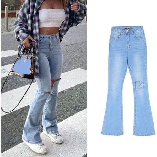 Womens Pants Trousers High Waist Stretch Comfortable Thin Denim Trousers Knee Holes Jeans y2k Autumn New Jeans Woman Plus Size