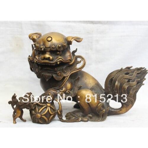Wang 000252 12" China Chinese Fengshui Purple Bronze Foo Fu Dog & Baby Ball Statue Figure